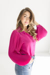  Long Pleated Sleeve Button Down Top Magenta