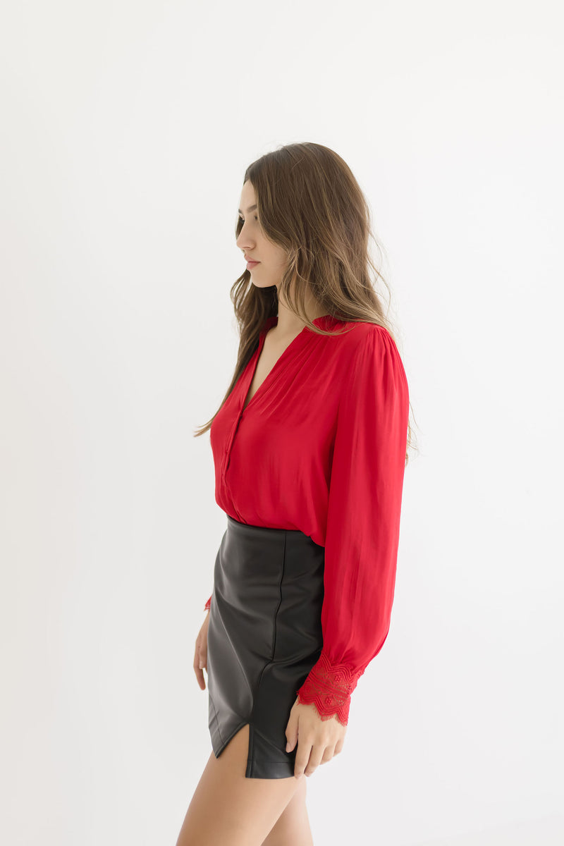  Long Sleeve Lace Cuff Button Down Satin Top Red