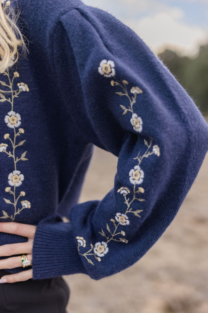 Grace Long Sleeve Floral Embroidered Sweater Navy