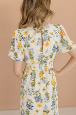 Short Flutter Sleeve Floral Print Midi Dress Ivory