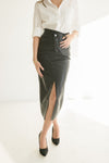 High Waist Crossover Faux Leather Midi Skirt Black