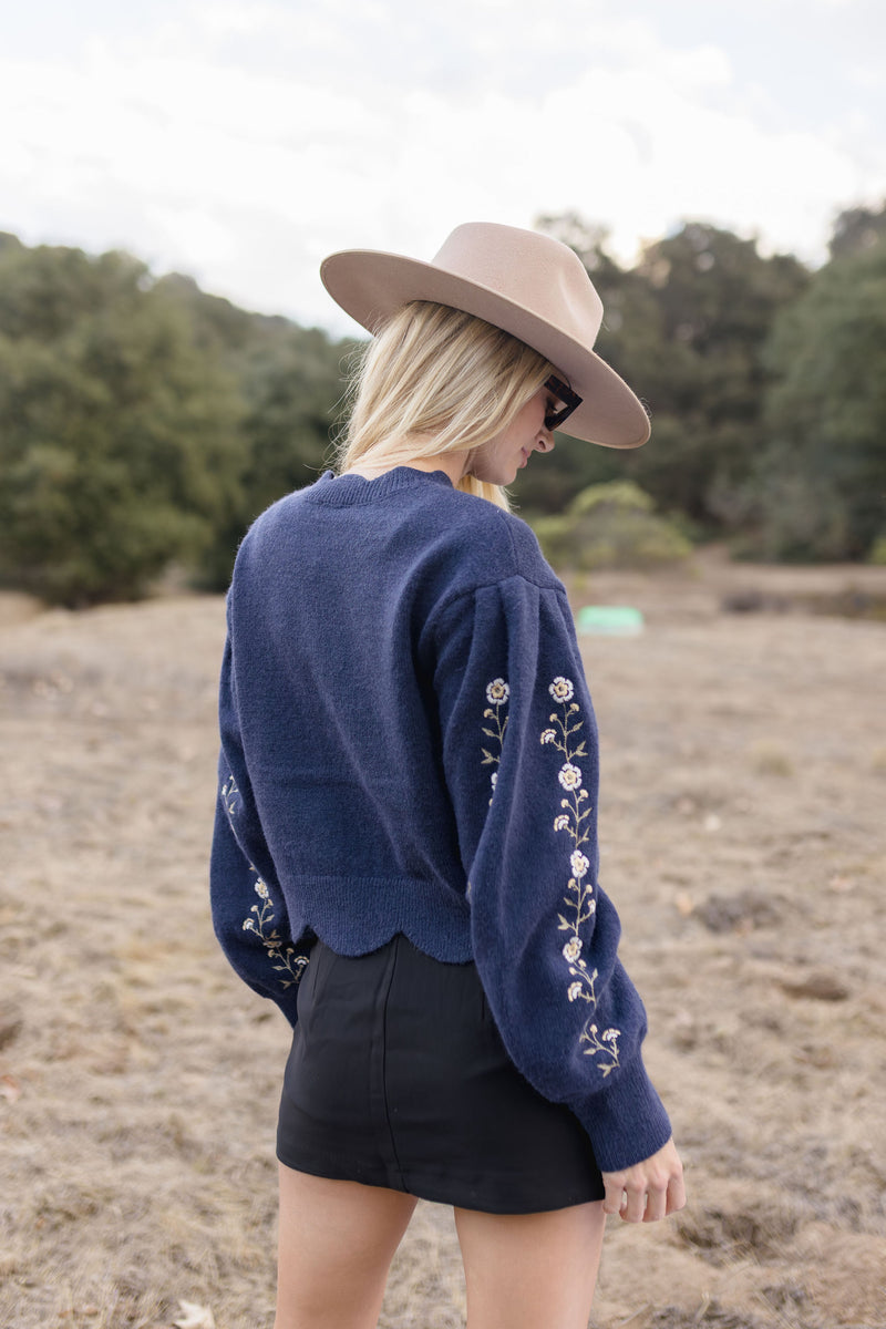 Grace Long Sleeve Floral Embroidered Sweater Navy
