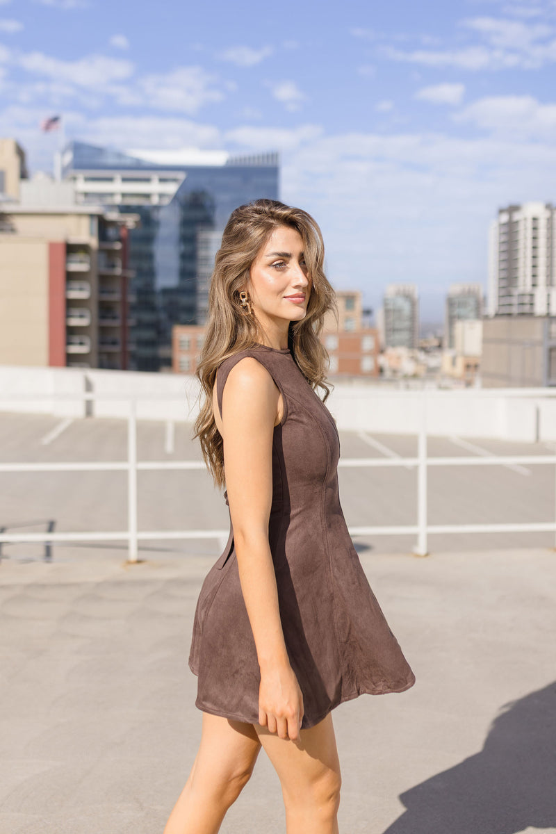 Sleeveless Faux Suede Open Back Tie Mini Dress Brown