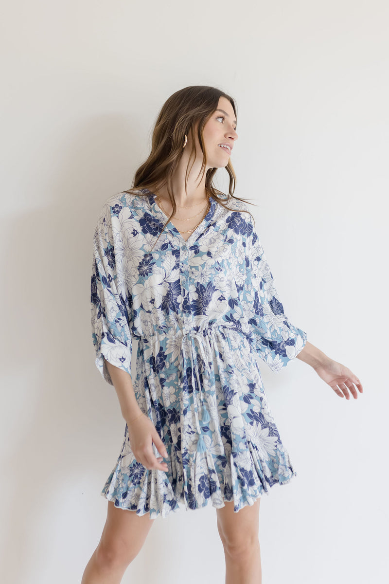 Dolman Sleeve Floral Print Mini Dress Blue