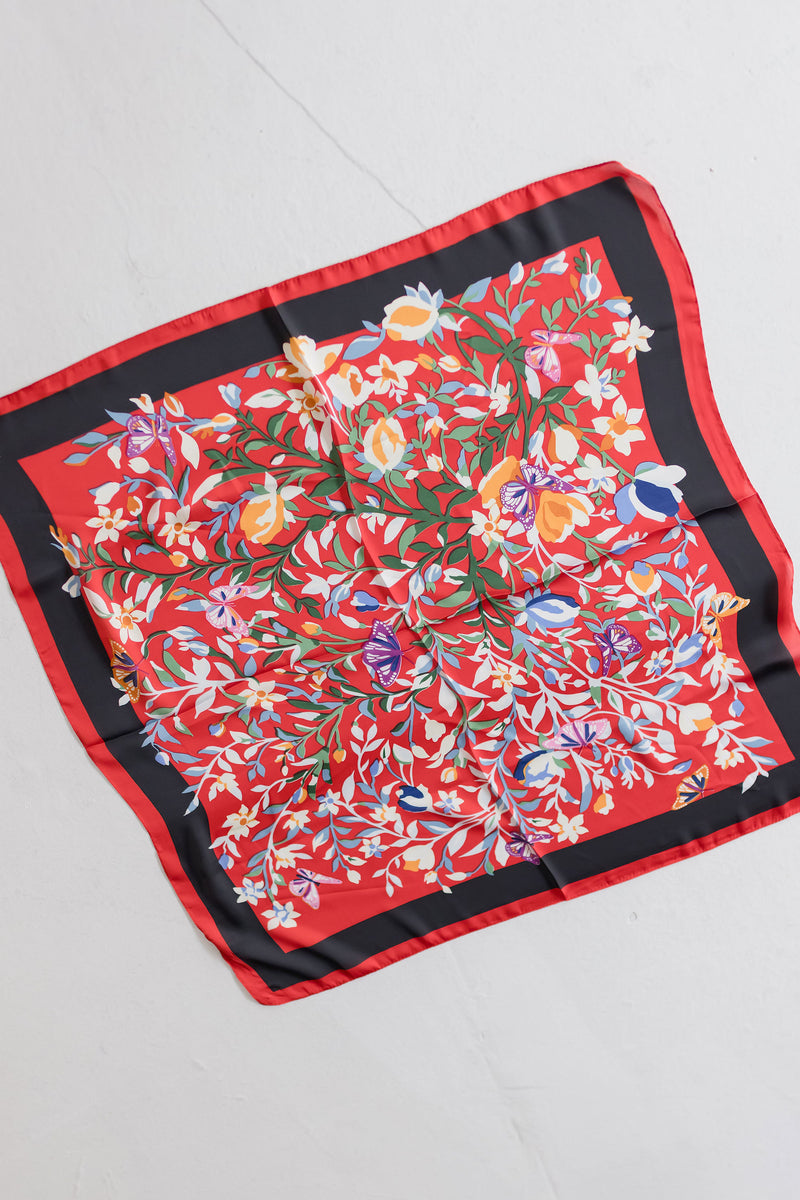  Floral Print Silk Square Scarf Red