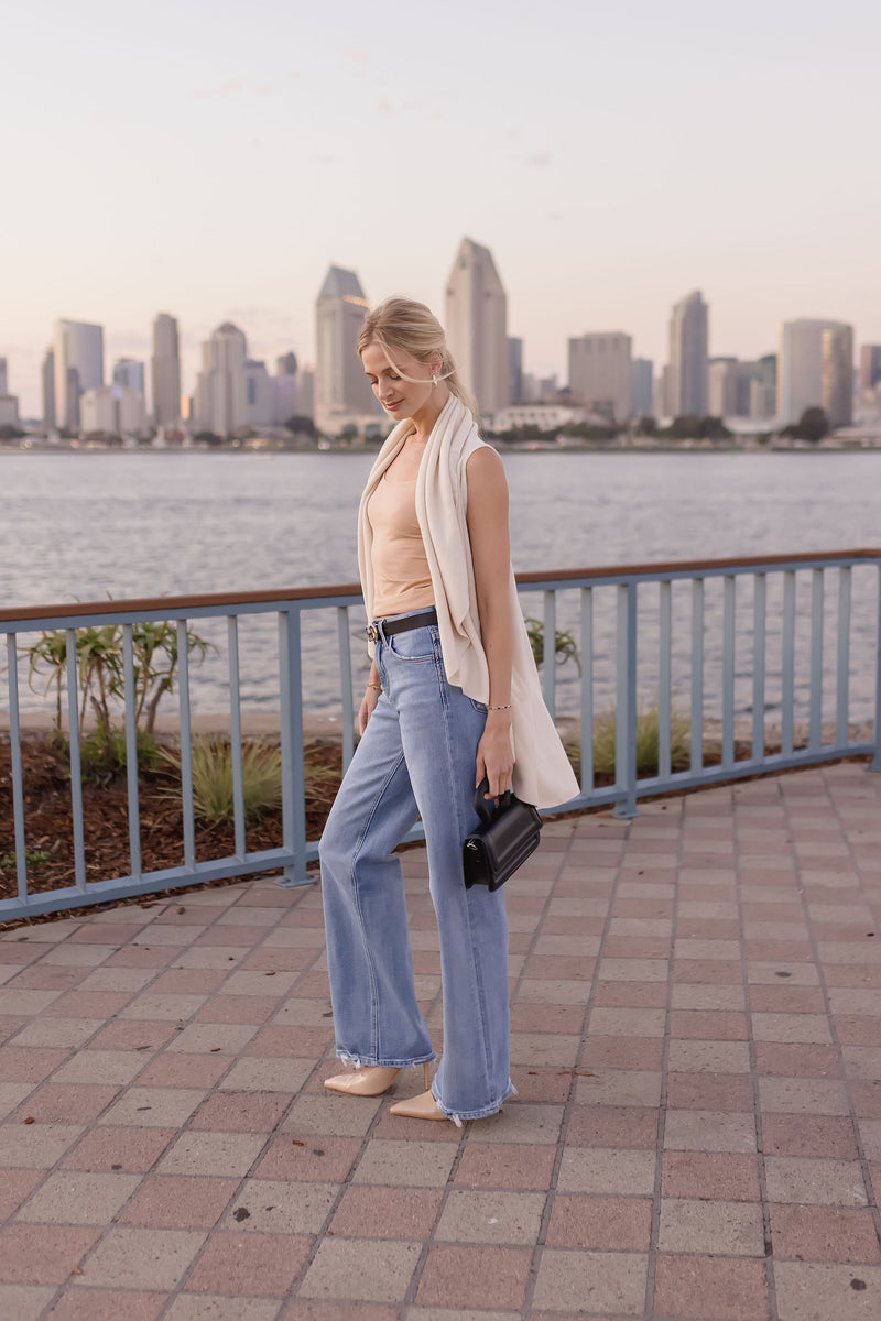 Sleeveless Open Front Cardigan Ivory