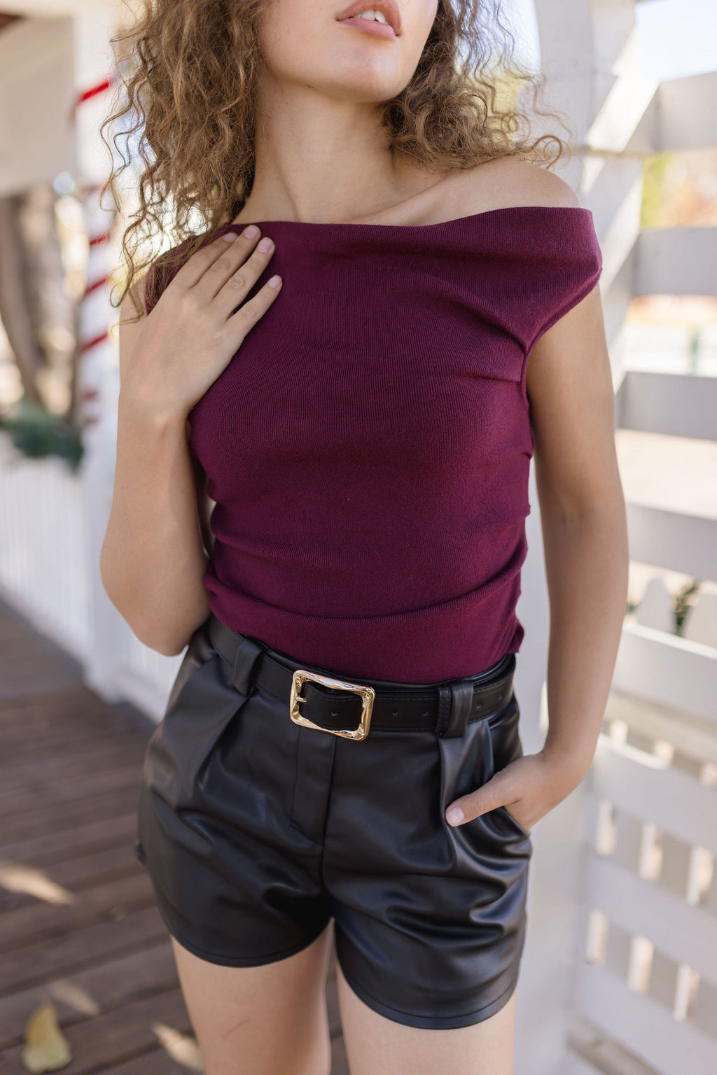 Sleeveless Asymmetrical Knit Top Burgundy