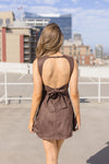 Sleeveless Faux Suede Open Back Tie Mini Dress Brown