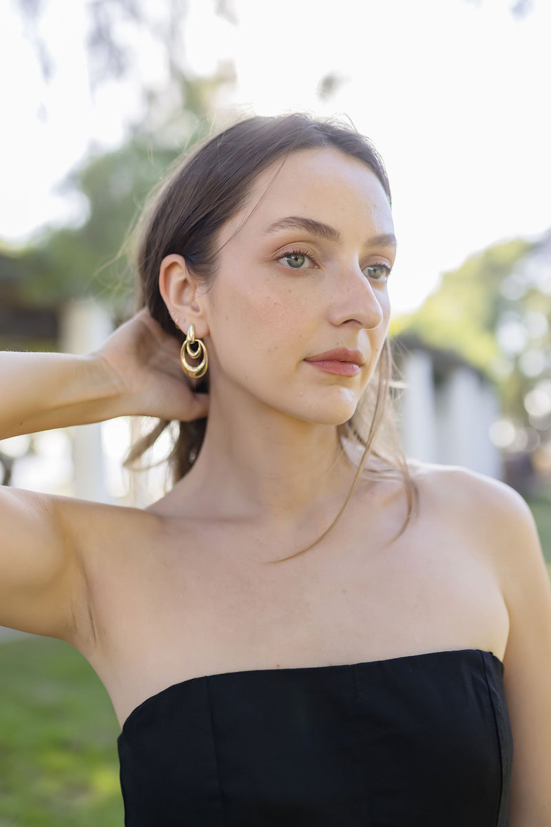 Double Hoop Drop Earrings Gold