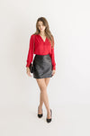 Long Sleeve Lace Cuff Button Down Satin Top Red