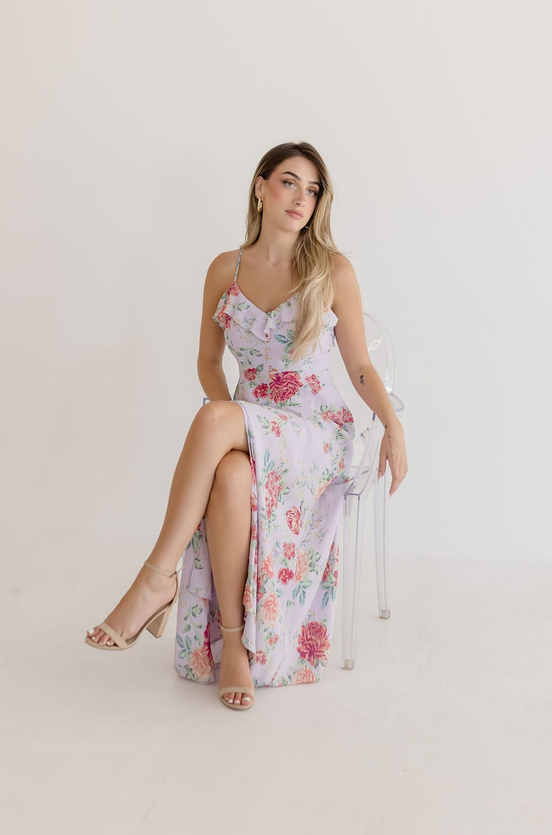 Sleeveless Ruffle Neckline Floral Print Maxi Dress Lavender
