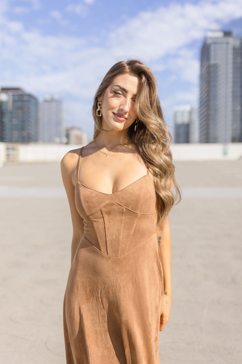 Sleeveless Corset Faux Suede Midi Dress Camel