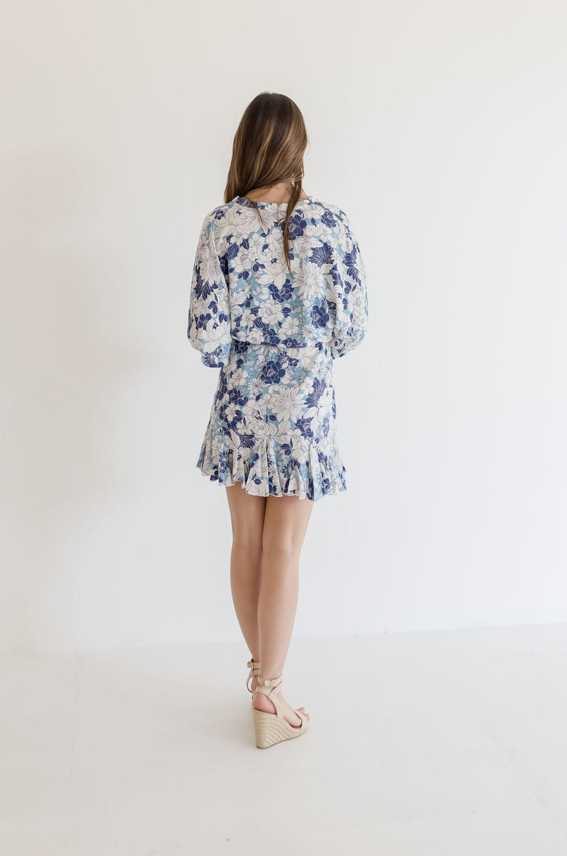 Dolman Sleeve Floral Print Mini Dress Blue
