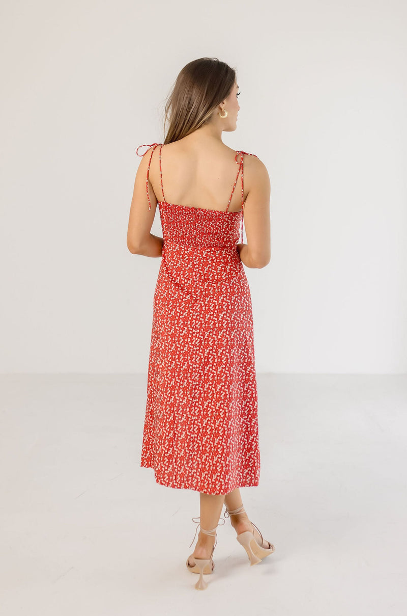Sleeveless Shoulder Tie Floral Print Midi Dress Red