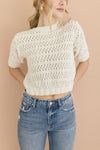  Short Sleeve Crochet Crop Top Beige