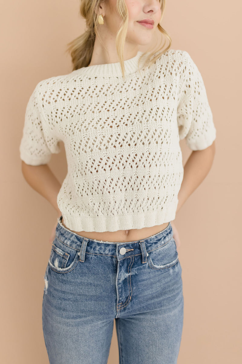  Short Sleeve Crochet Crop Top Beige