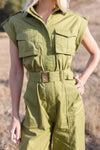 Christine Short Sleeve Belted Utility Wide Leg Jumpsuit Green