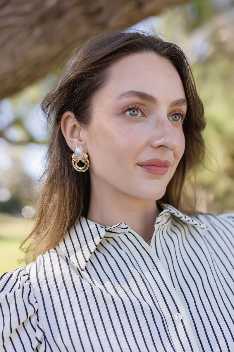 Stacked Drop Pearl Hoop Earrings Gold
