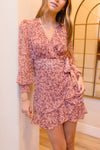  Long Sleeve Paisley Print Ruffled Wrap Mini Dress Pink
