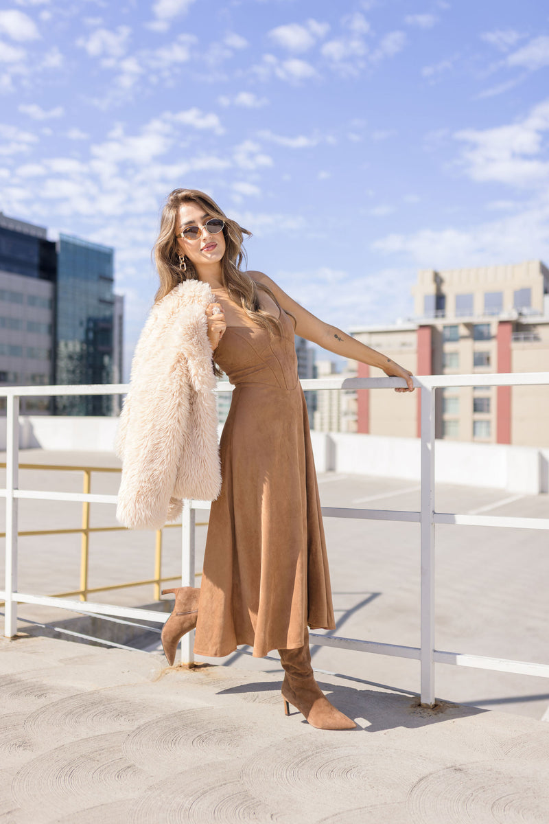 Sleeveless Corset Faux Suede Midi Dress Camel