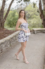 Sleeveless Tie Front Floral Print Romper Navy