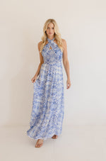 Strapless Tie Front Abstract Print Maxi Dress Blue