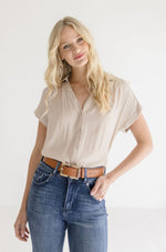  Short Sleeve Button Down Top Nude