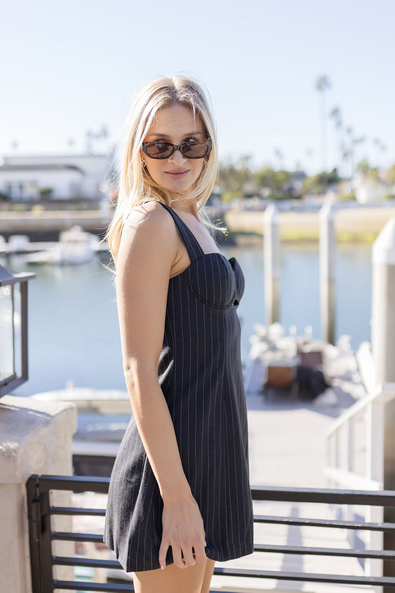 Sleeveless Cut Out Pin Striped Mini Dress Black