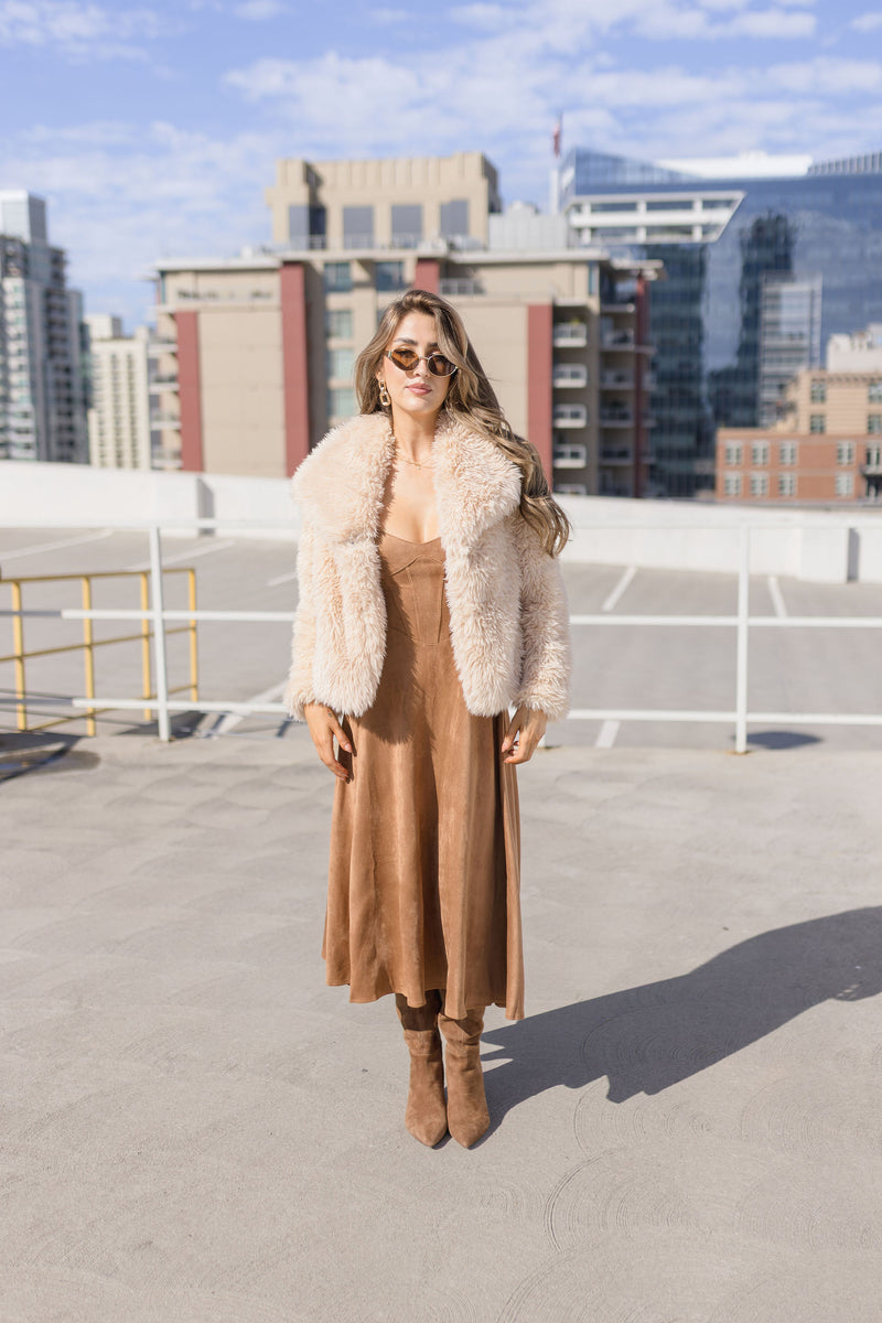 Sleeveless Corset Faux Suede Midi Dress Camel