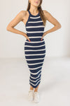 Sleeveless Striped Knit Midi Dress Navy