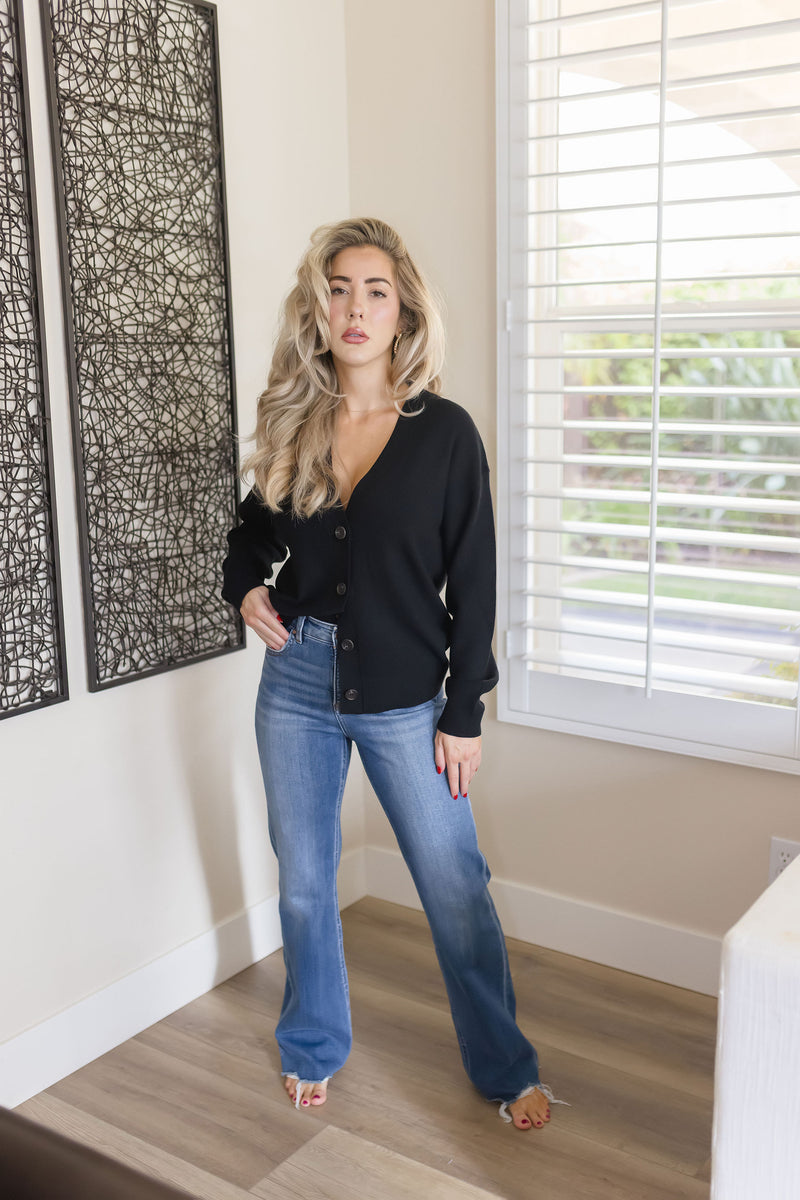 High Rise Raw Hem Wide Leg Jeans Dark Wash