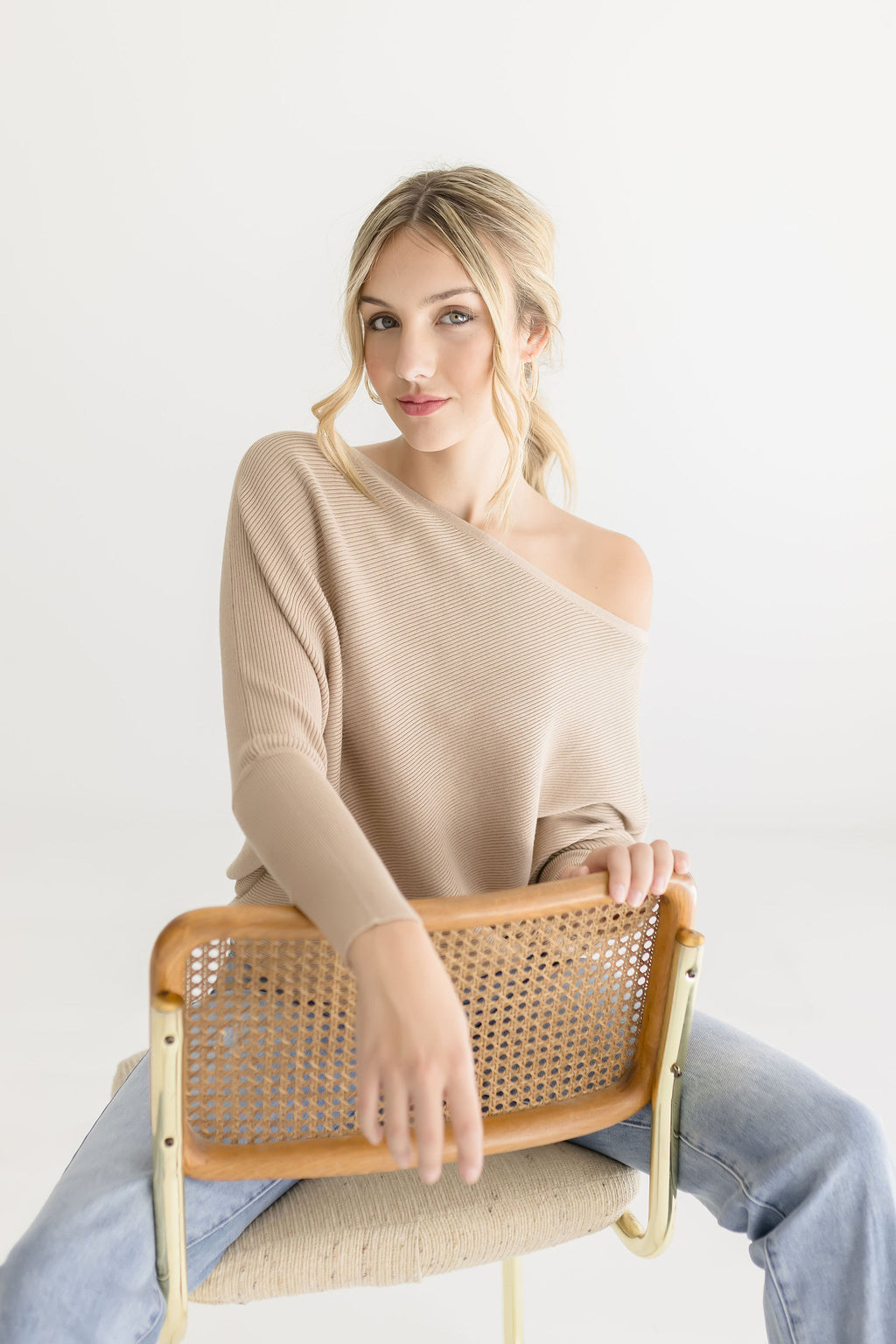 Long Dolman Sleeve Ribbed Sweater Top Taupe