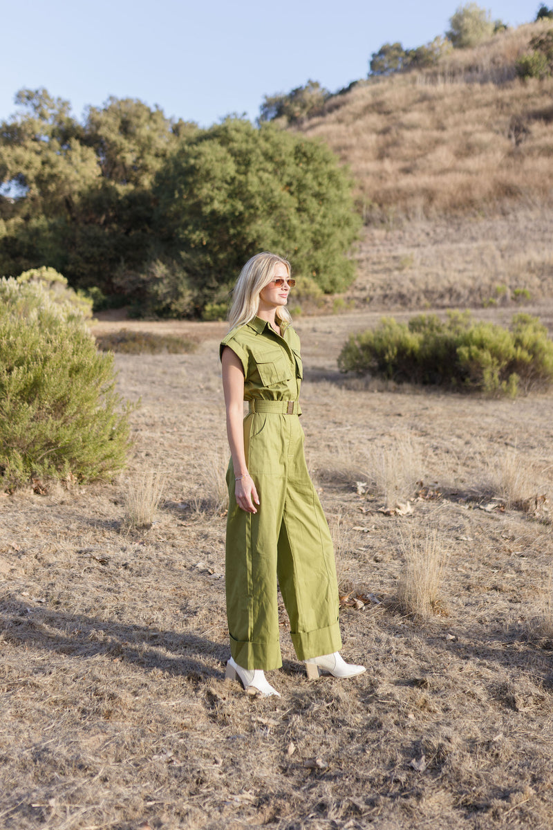 Christine Short Sleeve Belted Utility Wide Leg Jumpsuit Green
