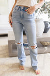 High Rise Distressed Straight Leg Jeans Light Wash