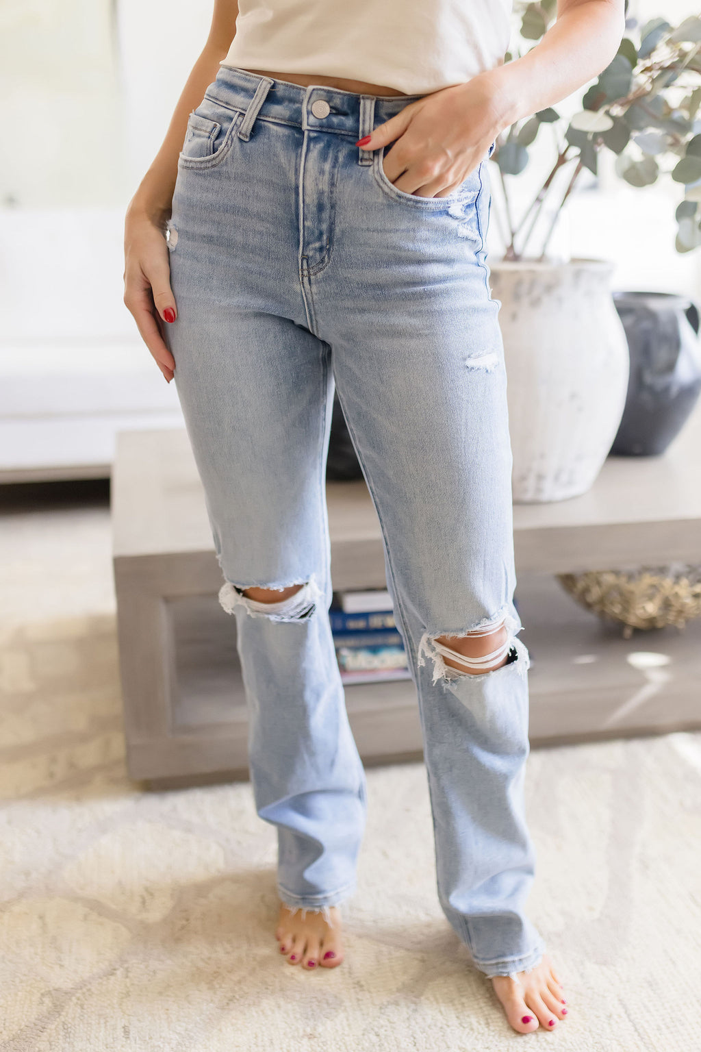 High Rise Distressed Straight Leg Jeans Light Wash