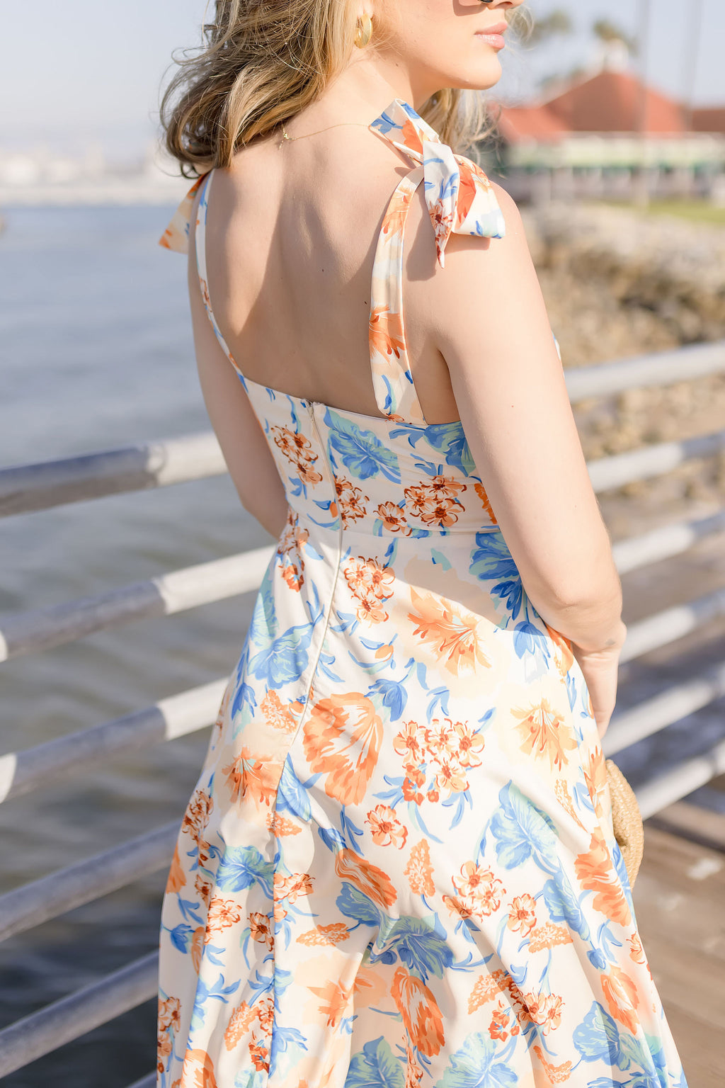 Floral Print Shoulder Tie Midi Dress Peach