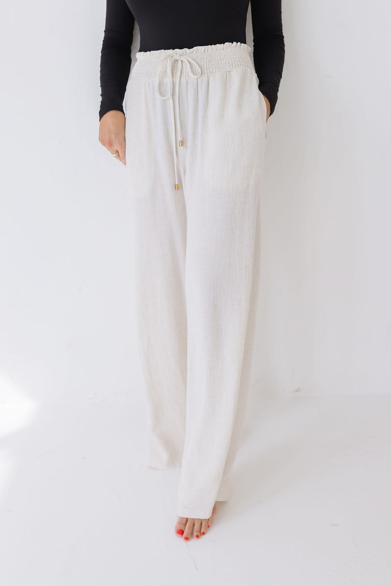 Drawstring Linen Wide Leg Pants Nude