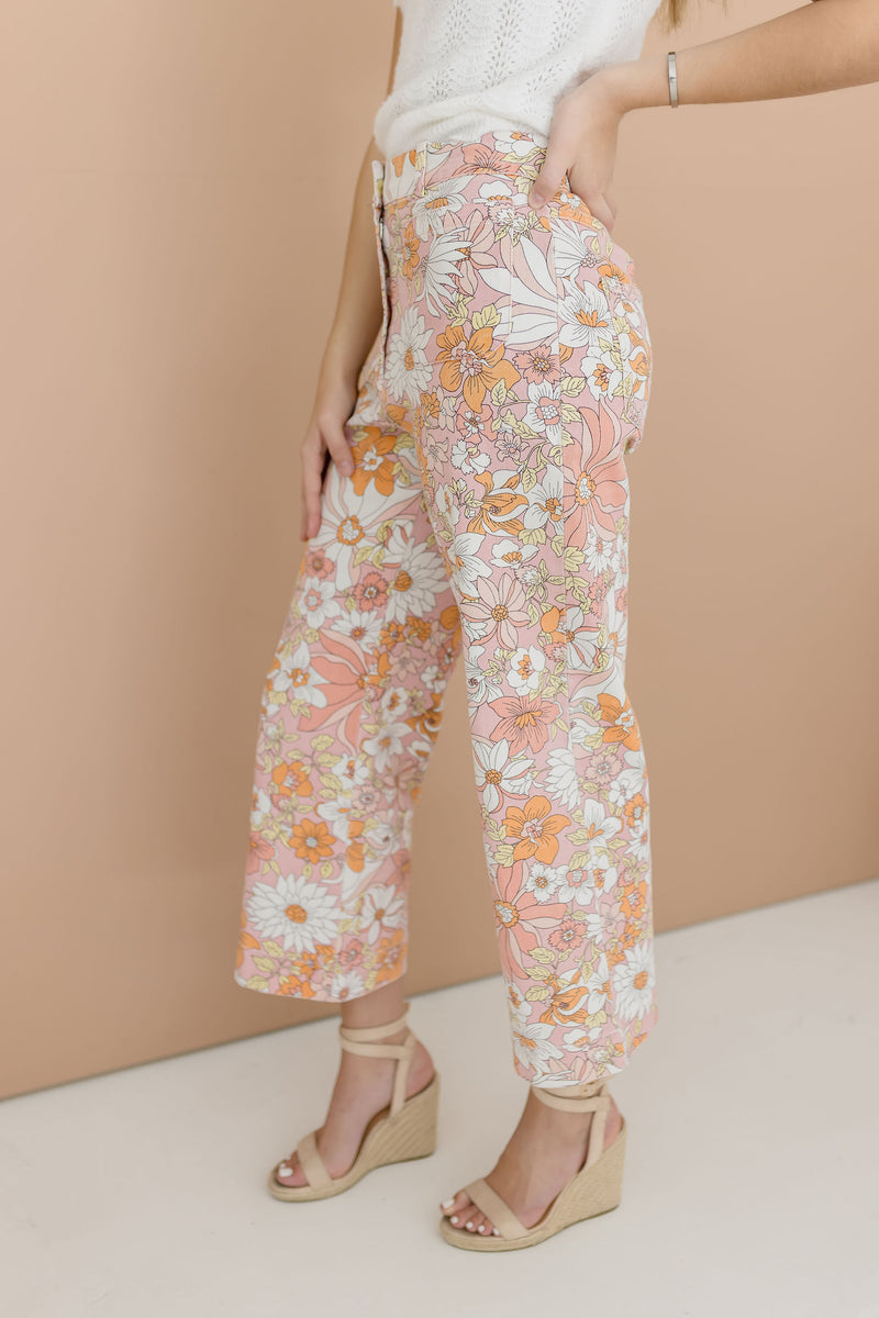 Waitlist 6/5 ♥ Belle Floral Print Wide Leg Cropped Pants Pink Miss