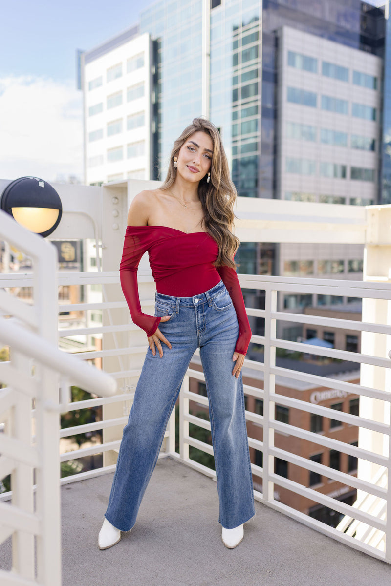 Long Sleeve Asymmetrical Mesh Top Red
