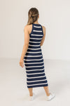 Sleeveless Striped Knit Midi Dress Navy
