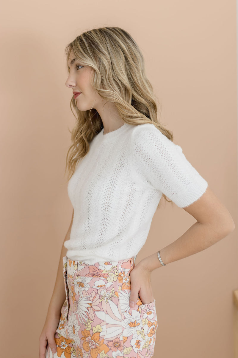 Short Sleeve Crochet Sweater Top White