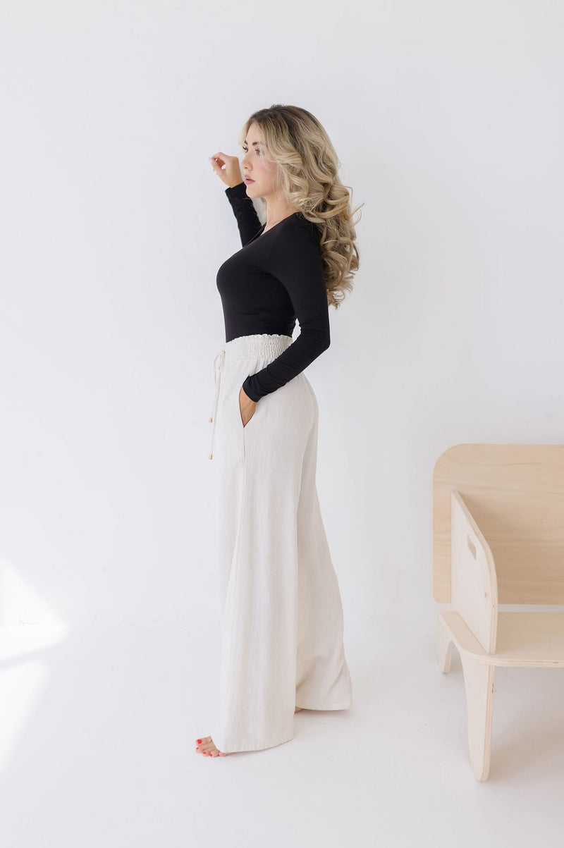 Drawstring Linen Wide Leg Pants Nude