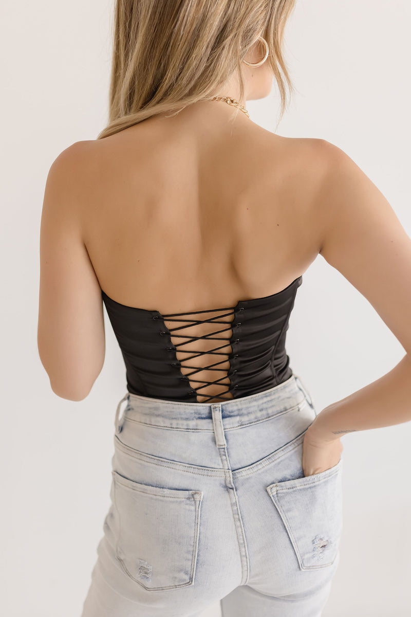  Strapless Lace Up Corset Top Black