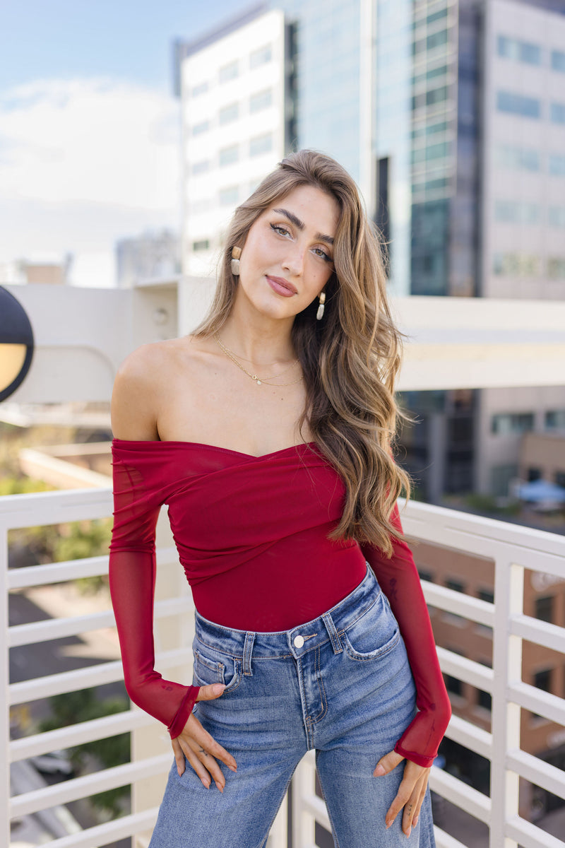 Long Sleeve Asymmetrical Mesh Top Red