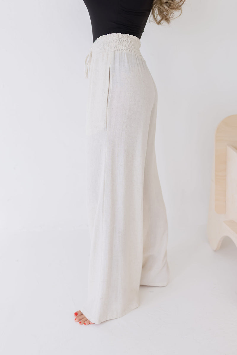 Drawstring Linen Wide Leg Pants Nude