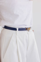 Faux Leather Twist Lock Skinny Belt Navy