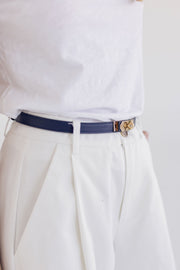 Faux Leather Twist Lock Skinny Belt Navy