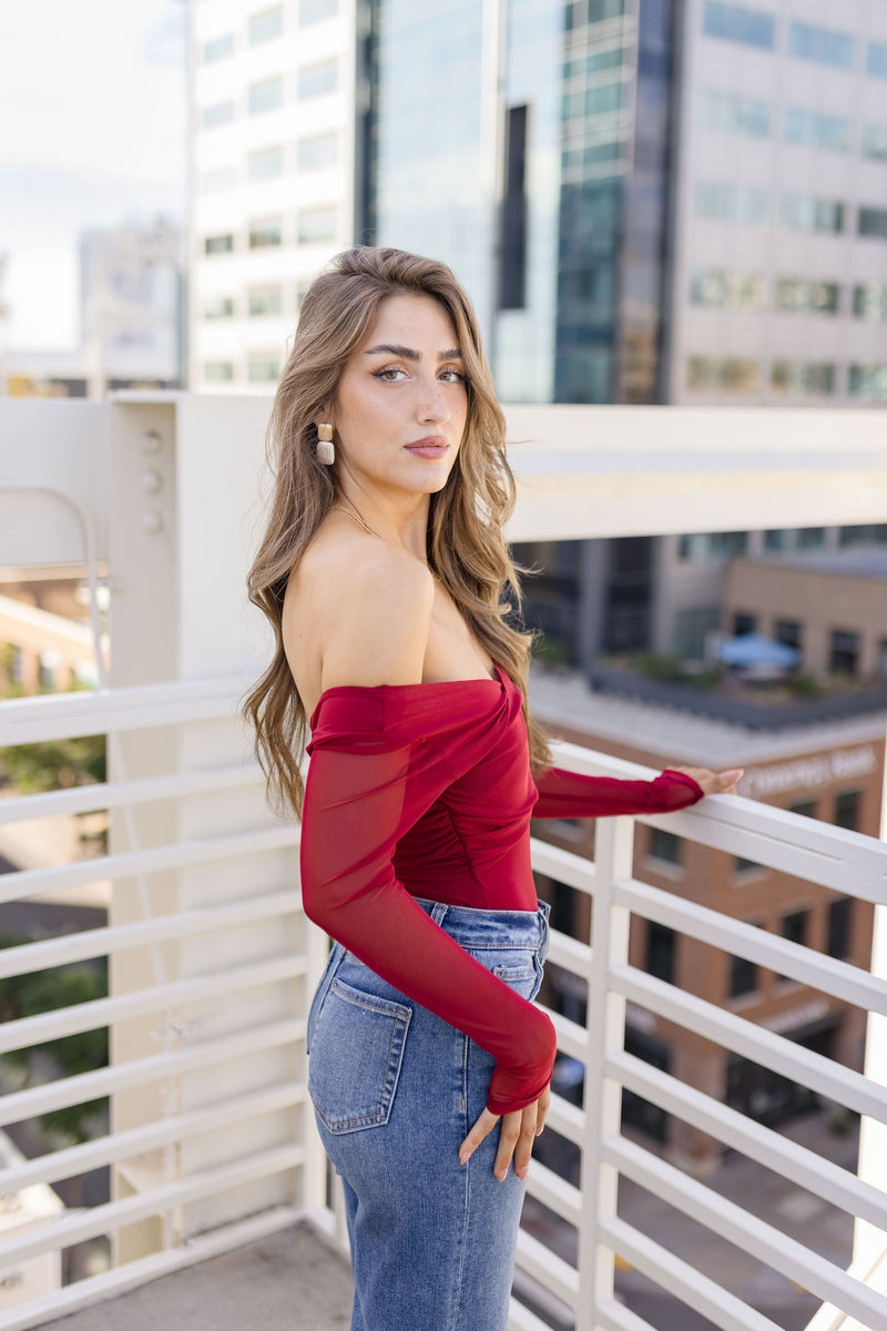 Long Sleeve Asymmetrical Mesh Top Red
