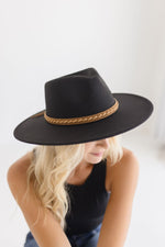  Wide Brim Braided Flat Band Panama Hat Black
