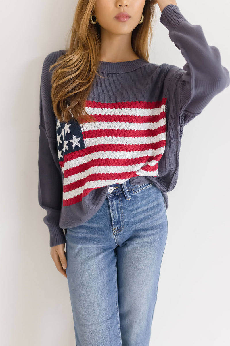 Flag Print Sweater Top Navy